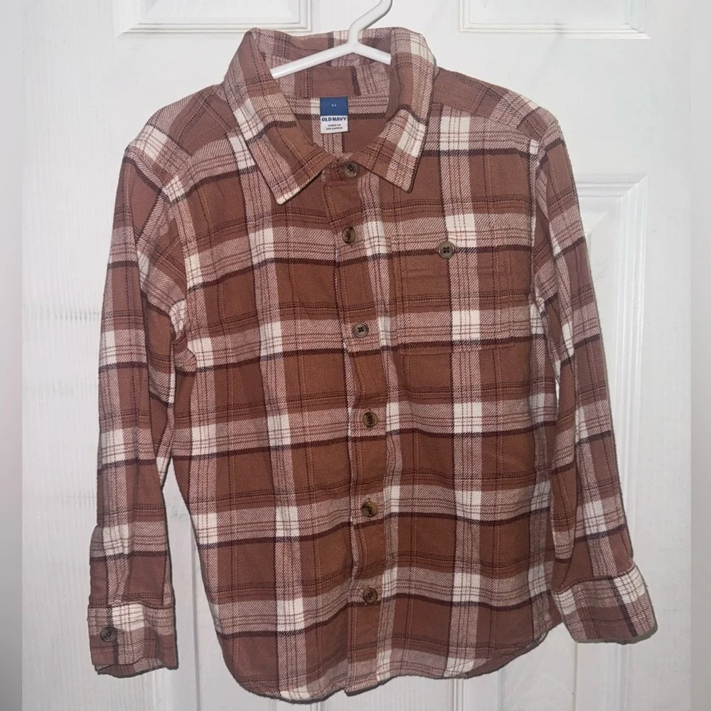 Old Navy Boys 4T Brown Plaid Flannel Button Down Shirt Long Sleeve